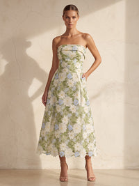 A-Line/Princess Strapless Floral Embroidery Tea-Length Wedding Guest Dresses for Women