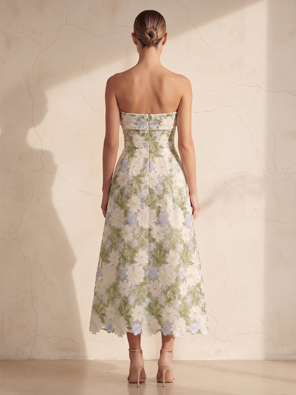 A-Line/Princess Strapless Floral Embroidery Tea-Length Wedding Guest Dresses for Women