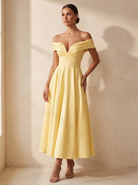 A-Line/Princess Off Shoulder Satin Tea-Length Wedding Guest Dresses with Pleats