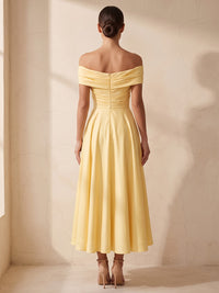 A-Line/Princess Off Shoulder Satin Tea-Length Wedding Guest Dresses with Pleats