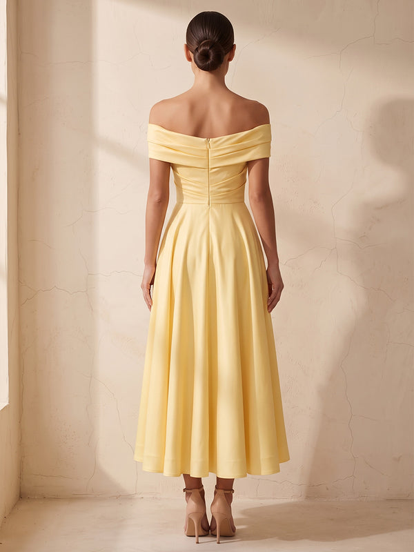A-Line/Princess Off Shoulder Satin Tea-Length Wedding Guest Dresses with Pleats