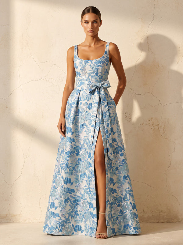 A-Line/Princess Spaghetti Straps Jacquard Maxi Wedding Guest Dresses with Belt & Slit