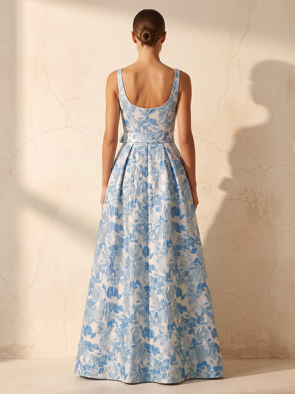 A-Line/Princess Spaghetti Straps Jacquard Maxi Wedding Guest Dresses with Belt & Slit