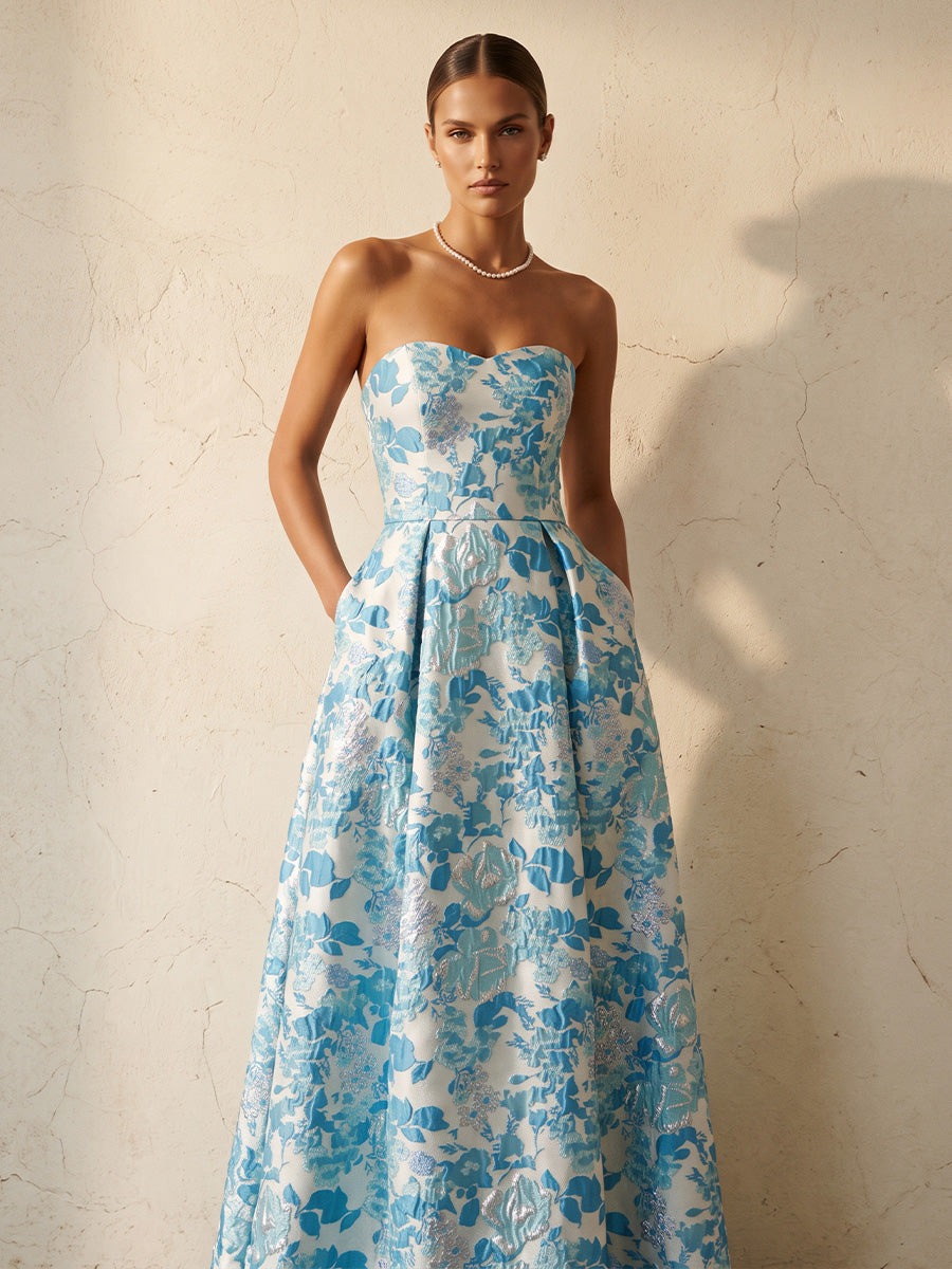A-Line/Princess Spaghetti Straps Jacquard Maxi Wedding Guest Dresses with Belt & Slit