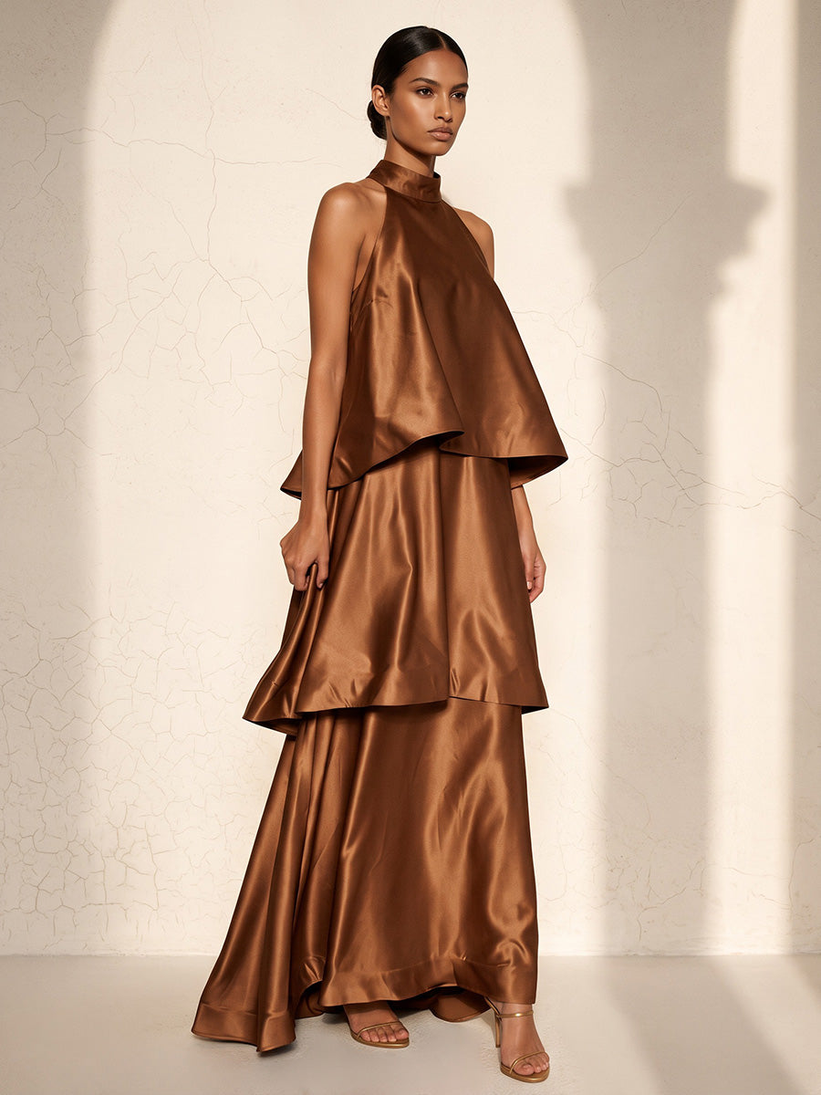A-Line/Princess Halter Satin Maxi Wedding Guest Dresses with Tiered Layers
