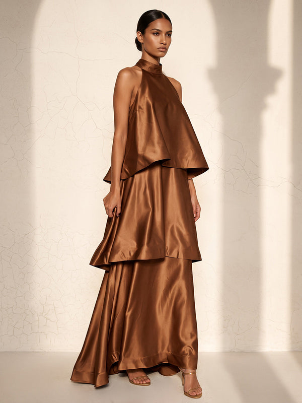 A-Line/Princess Halter Satin Maxi Wedding Guest Dresses with Tiered Layers