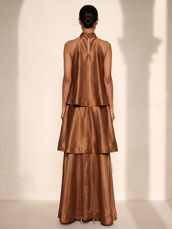 A-Line/Princess Halter Satin Maxi Wedding Guest Dresses with Tiered Layers