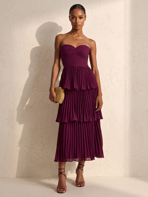 A-Line/Princess Strapless Chiffon Tea-Length Wedding Guest Dresses with Tiered Layers & Pleats