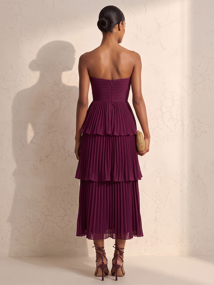 A-Line/Princess Strapless Chiffon Tea-Length Wedding Guest Dresses with Tiered Layers & Pleats