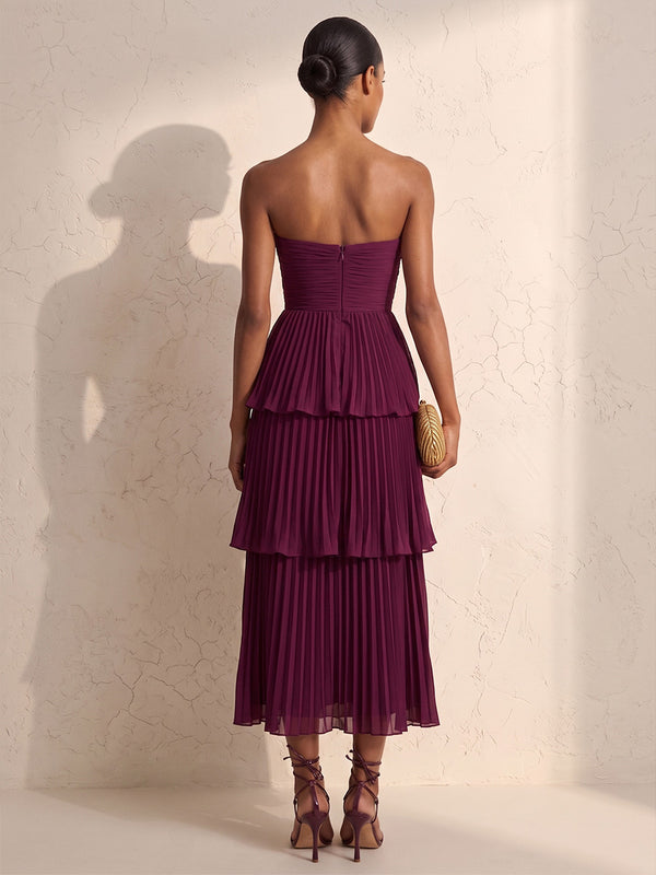A-Line/Princess Strapless Chiffon Tea-Length Wedding Guest Dresses with Tiered Layers & Pleats