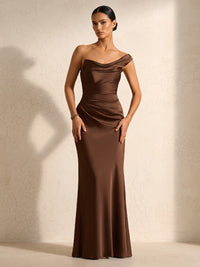 Sheath/Column One Shoulder Satin Floor-Length Wedding Guest Dresses with Ruched Waist