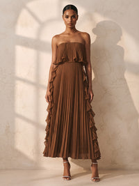 A-Line/Princess Strapless Chiffon Tea-Length Wedding Guest Dresses with Pleats & Ruffles