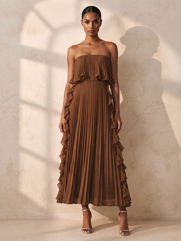 A-Line/Princess Strapless Chiffon Tea-Length Wedding Guest Dresses with Pleats & Ruffles