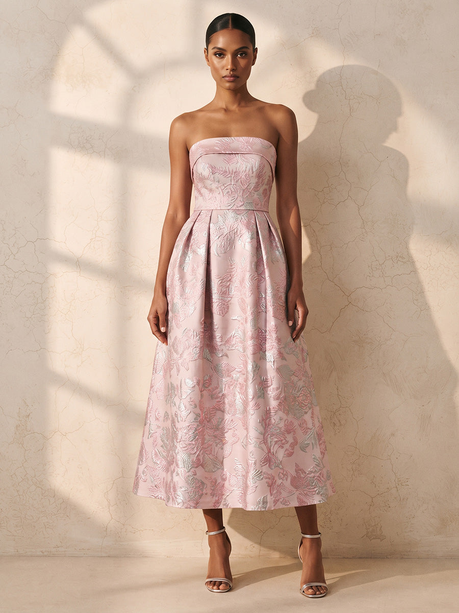 A-Line/Princess Strapless Jacquard Tea-Length Wedding Guest Dresses with Ruched Waist