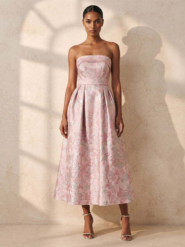 A-Line/Princess Strapless Jacquard Tea-Length Wedding Guest Dresses with Ruched Waist