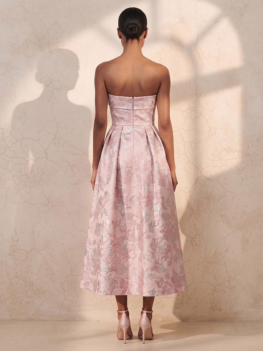 A-Line/Princess Strapless Jacquard Tea-Length Wedding Guest Dresses with Ruched Waist
