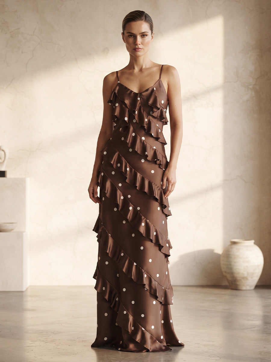 Sheath/Column Spaghetti Straps Satin Floor-Length Wedding Guest Dresses with Polka Dot Print & Ruffles