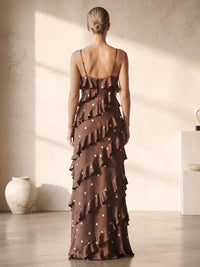 Sheath/Column Spaghetti Straps Satin Floor-Length Wedding Guest Dresses with Polka Dot Print & Ruffles