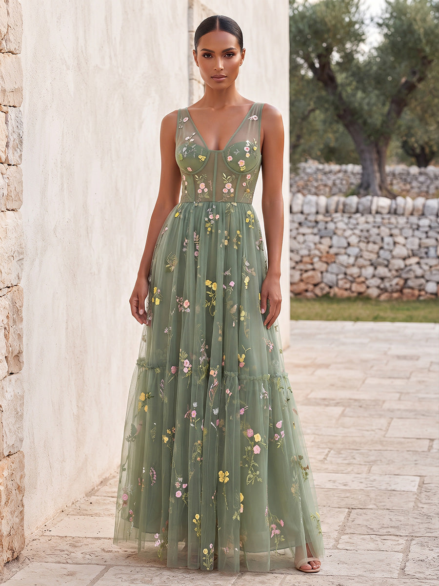 A-Line/Princess V-Neck Lace Appliques Floor-Length Wedding Guest Dresses with Corset Bodice & Pleats