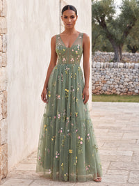 A-Line/Princess V-Neck Lace Appliques Floor-Length Wedding Guest Dresses with Corset Bodice & Pleats