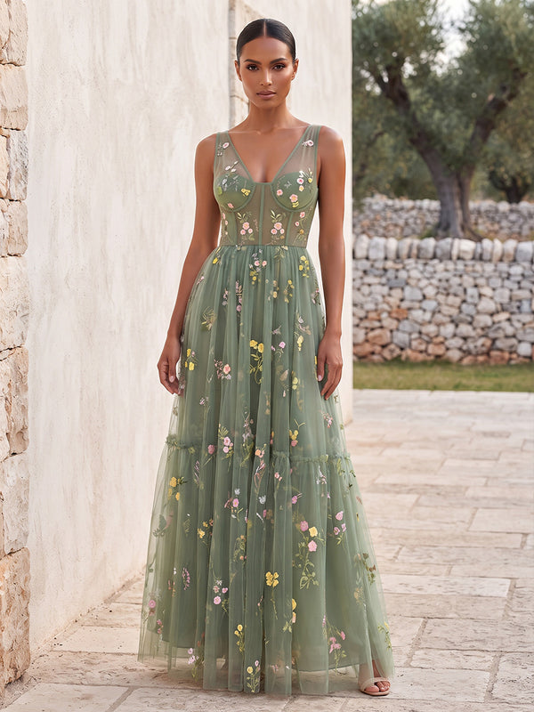 A-Line/Princess V-Neck Lace Appliques Floor-Length Wedding Guest Dresses with Corset Bodice & Pleats