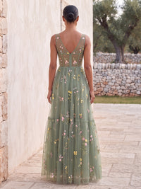 A-Line/Princess V-Neck Lace Appliques Floor-Length Wedding Guest Dresses with Corset Bodice & Pleats