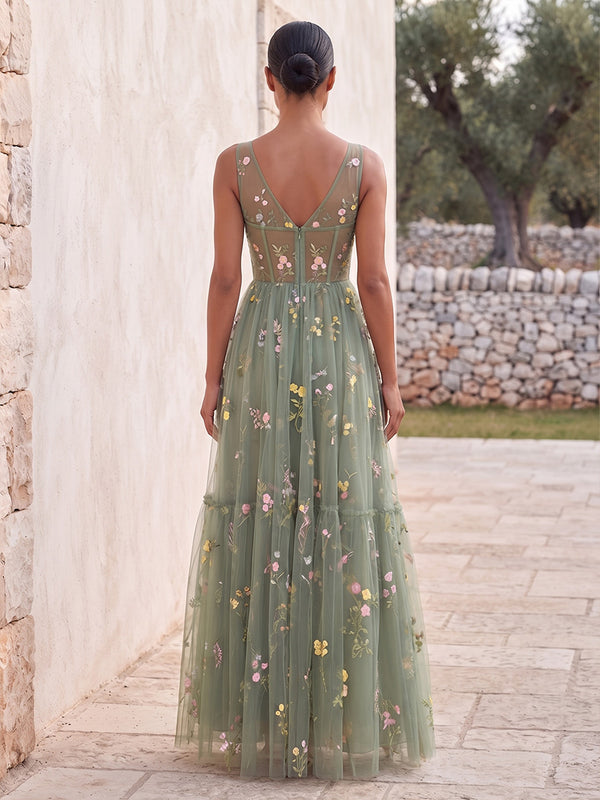 A-Line/Princess V-Neck Lace Appliques Floor-Length Wedding Guest Dresses with Corset Bodice & Pleats