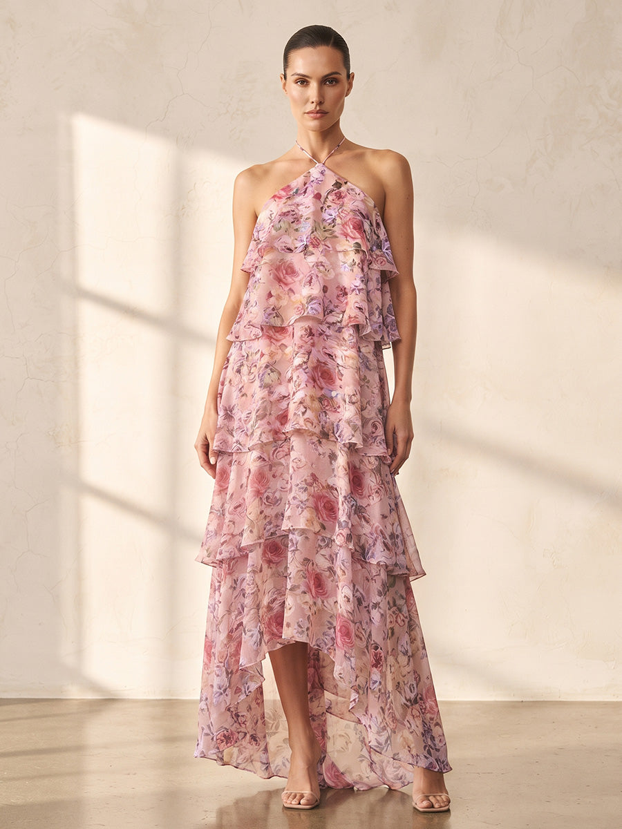 A-Line/Princess Halter Floral Print High-Low Wedding Guest Dresses with Tiered Layers & Ruffles