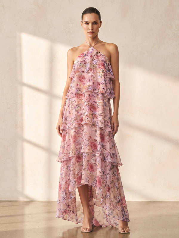 A-Line/Princess Halter Floral Print High-Low Wedding Guest Dresses with Tiered Layers & Ruffles