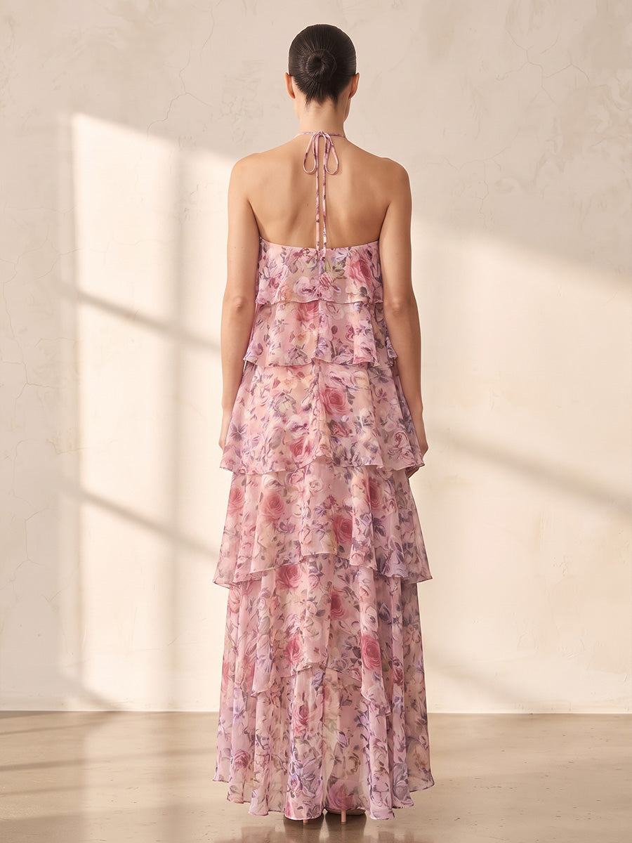 A-Line/Princess Halter Floral Print High-Low Wedding Guest Dresses with Tiered Layers & Ruffles