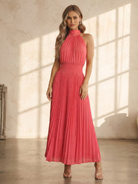 A-Line/Princess Halter Chiffon Tea-Length Wedding Guest Dresses with Pleats & Ruched Bodice