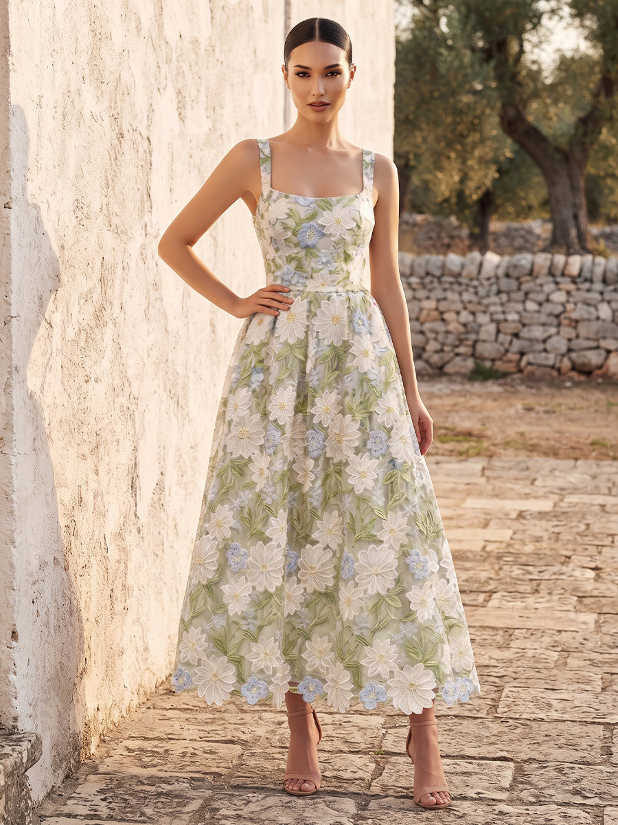 A-Line/Princess Square Neck Floral Embroidery Tea-Length Wedding Guest Dresses for Women