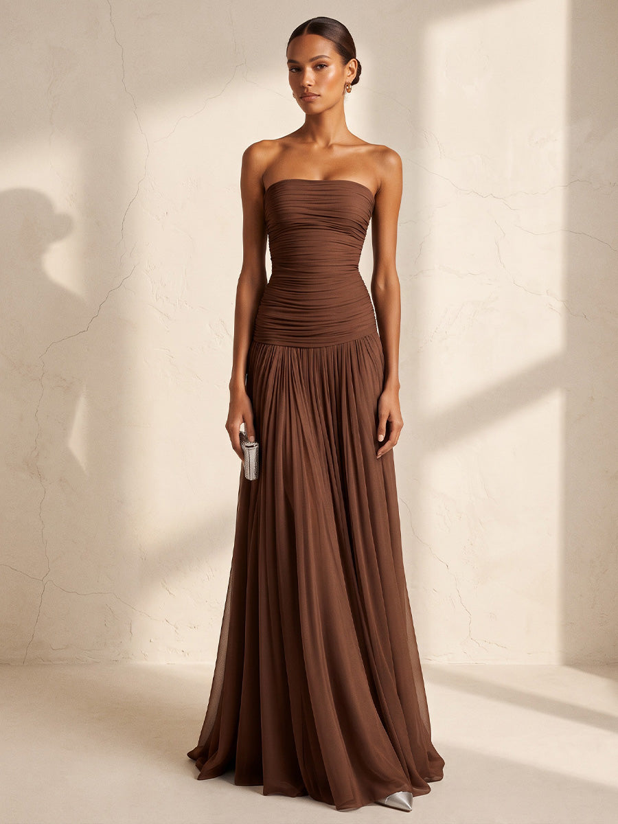 A-Line/Princess Strapless Chiffon Floor-Length Wedding Guest Dresses with Pleats & Ruched Bodice