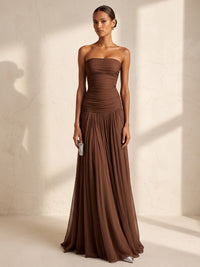 A-Line/Princess Strapless Chiffon Floor-Length Wedding Guest Dresses with Pleats & Ruched Bodice