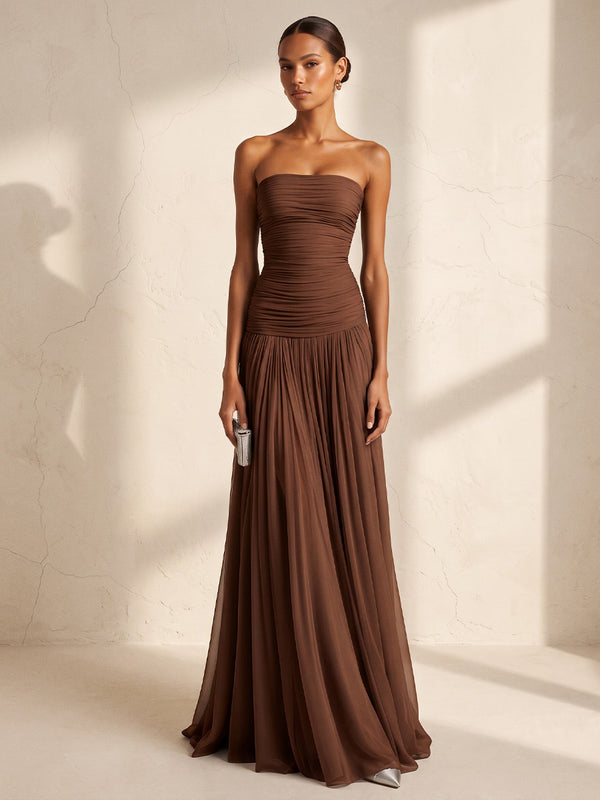 A-Line/Princess Strapless Chiffon Floor-Length Wedding Guest Dresses with Pleats & Ruched Bodice
