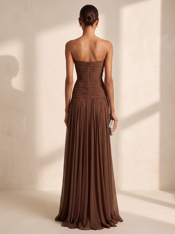 A-Line/Princess Strapless Chiffon Floor-Length Wedding Guest Dresses with Pleats & Ruched Bodice