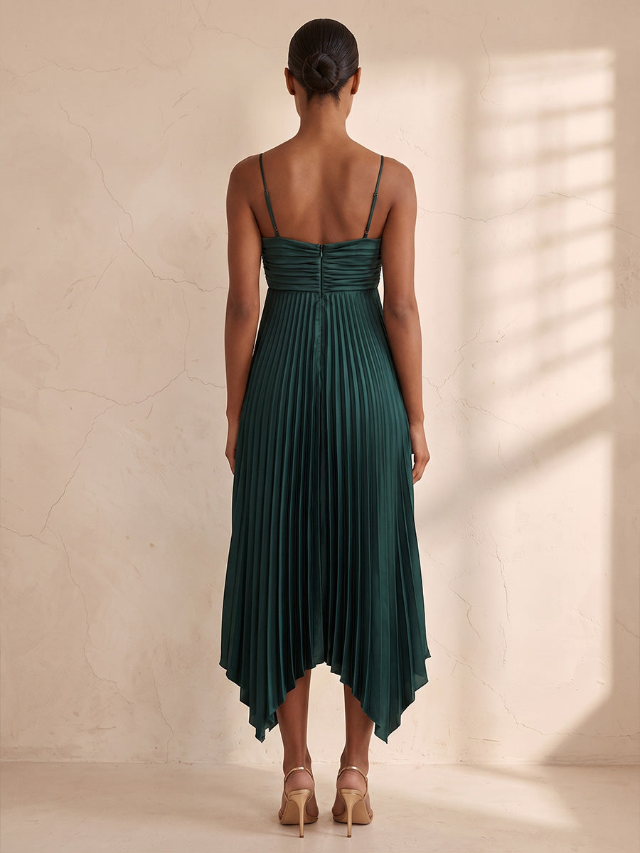 A-Line/Princess Spaghetti Straps Chiffon Tea-Length Wedding Guest Dresses with Pleats