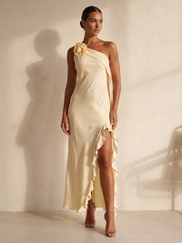 Sheath/Column One Shoulder Satin Tea-Length Wedding Guest Dresses with 3D Flowers, Ruffles & Slit