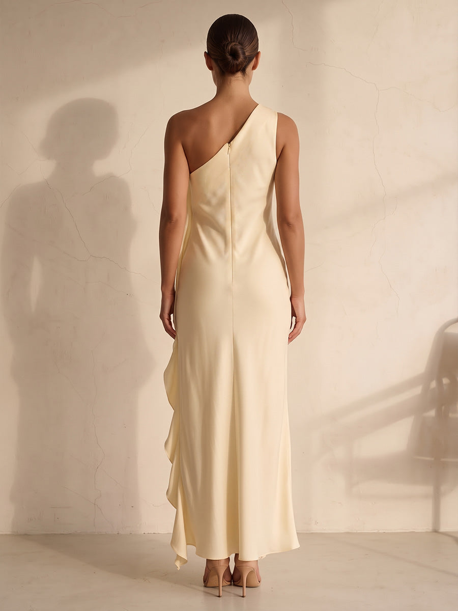 Sheath/Column One Shoulder Satin Tea-Length Wedding Guest Dresses with 3D Flowers, Ruffles & Slit