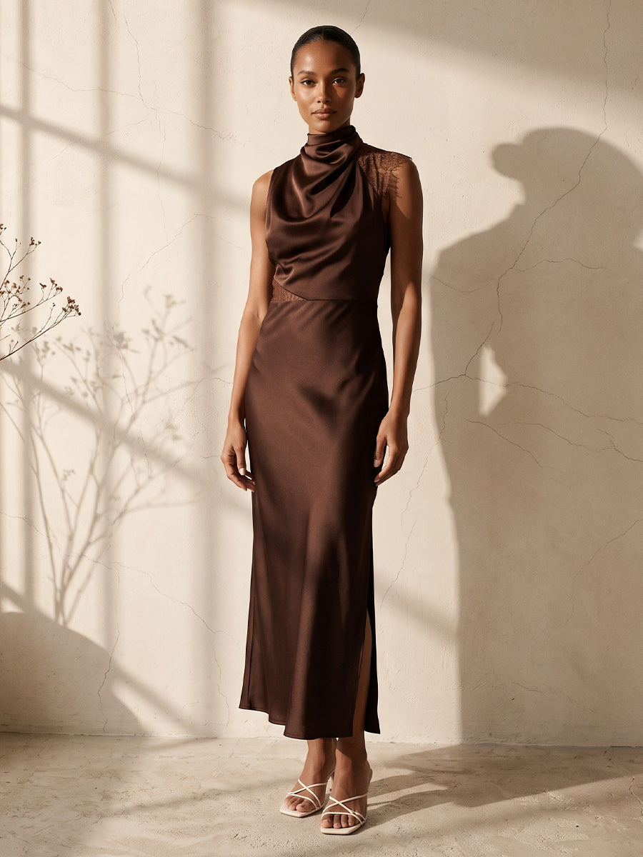 Sheath/Column Cowl Neck Satin Tea-Length Wedding Guest Dresses with Lace