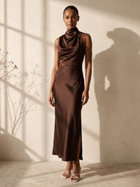Sheath/Column Cowl Neck Satin Tea-Length Wedding Guest Dresses with Lace