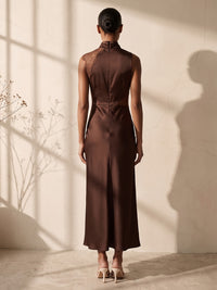 Sheath/Column Cowl Neck Satin Tea-Length Wedding Guest Dresses with Lace