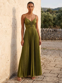 A-Line/Princess Spaghetti Straps Satin Floor-Length Wedding Guest Dresses with Pleats & Ruched Bodice