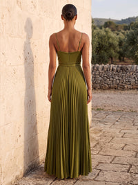 A-Line/Princess Spaghetti Straps Satin Floor-Length Wedding Guest Dresses with Pleats & Ruched Bodice