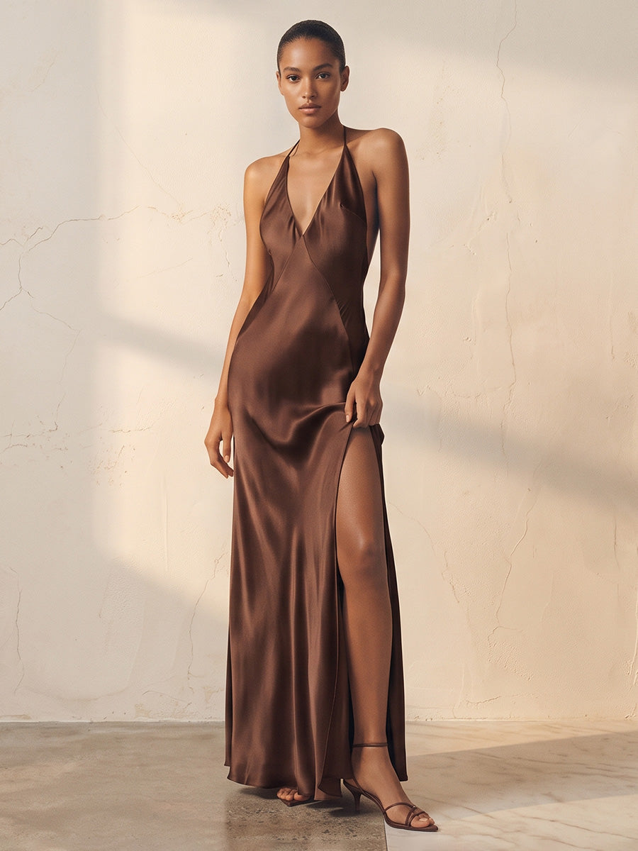Sheath/Column Halter Satin Maxi Wedding Guest Dresses with Slit