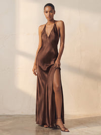 Sheath/Column Halter Satin Maxi Wedding Guest Dresses with Slit