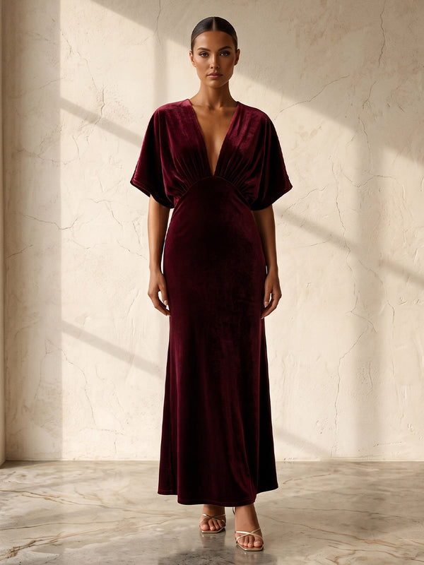 Sheath/Column V-Neck Velvet Maxi Wedding Guest Dresses with Ruched Bodice