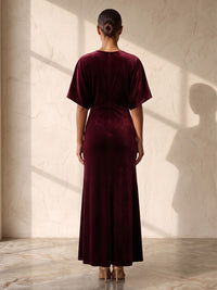 Sheath/Column V-Neck Velvet Maxi Wedding Guest Dresses with Ruched Bodice