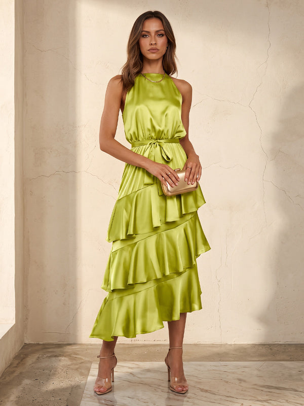 A-Line/Princess Halter Satin Tea-Length Wedding Guest Dresses with Belt & Ruffles