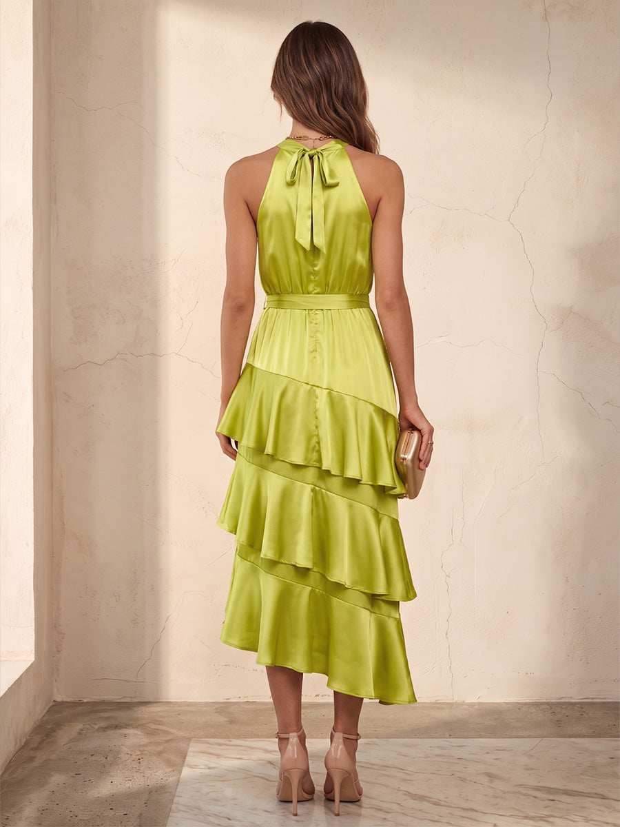 A-Line/Princess Halter Satin Tea-Length Wedding Guest Dresses with Belt & Ruffles